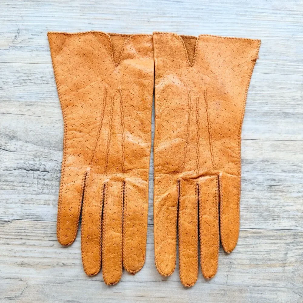 Vintage Peccary Leather Gloves Tan Soft Driving Dress Unlined Classic Pigskin